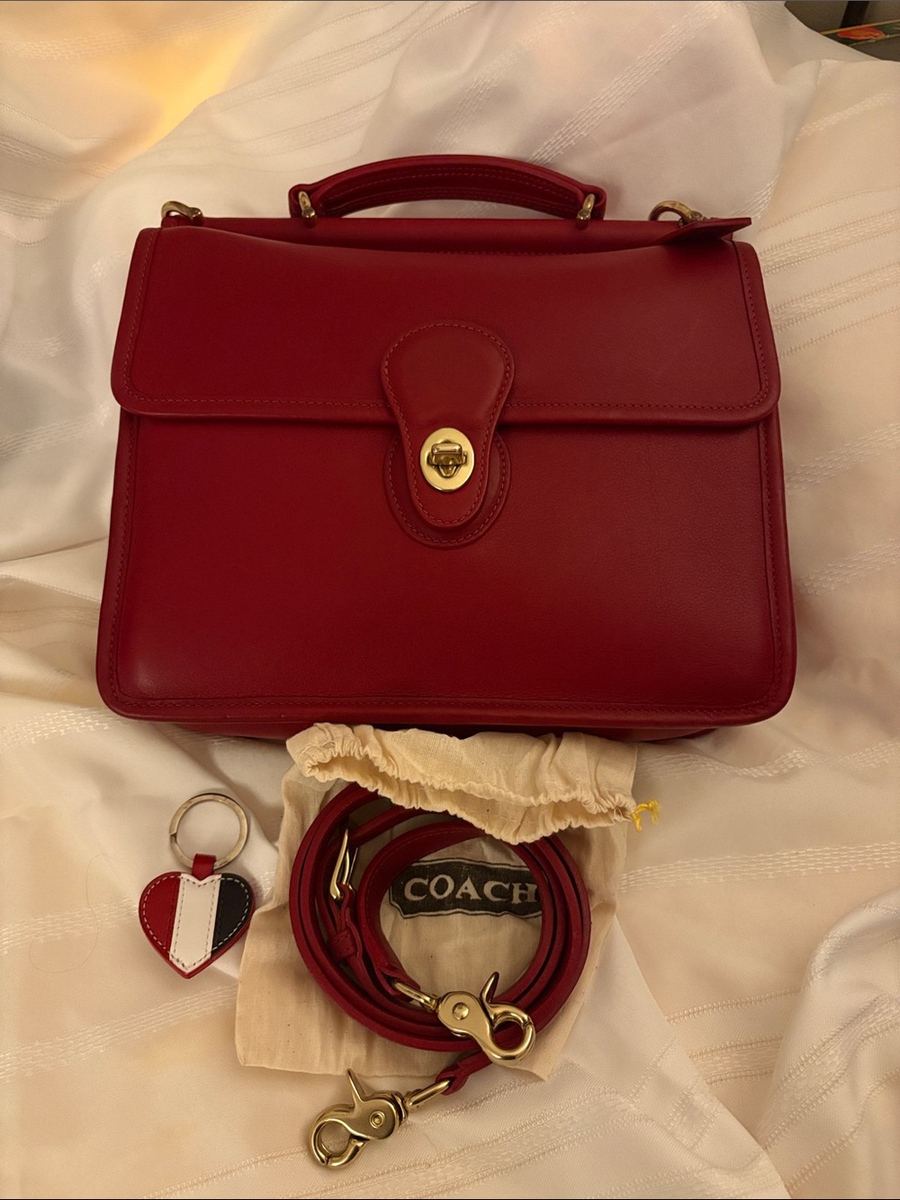 Coach Red Leather Satchel with Top Handle and Detachable Strap